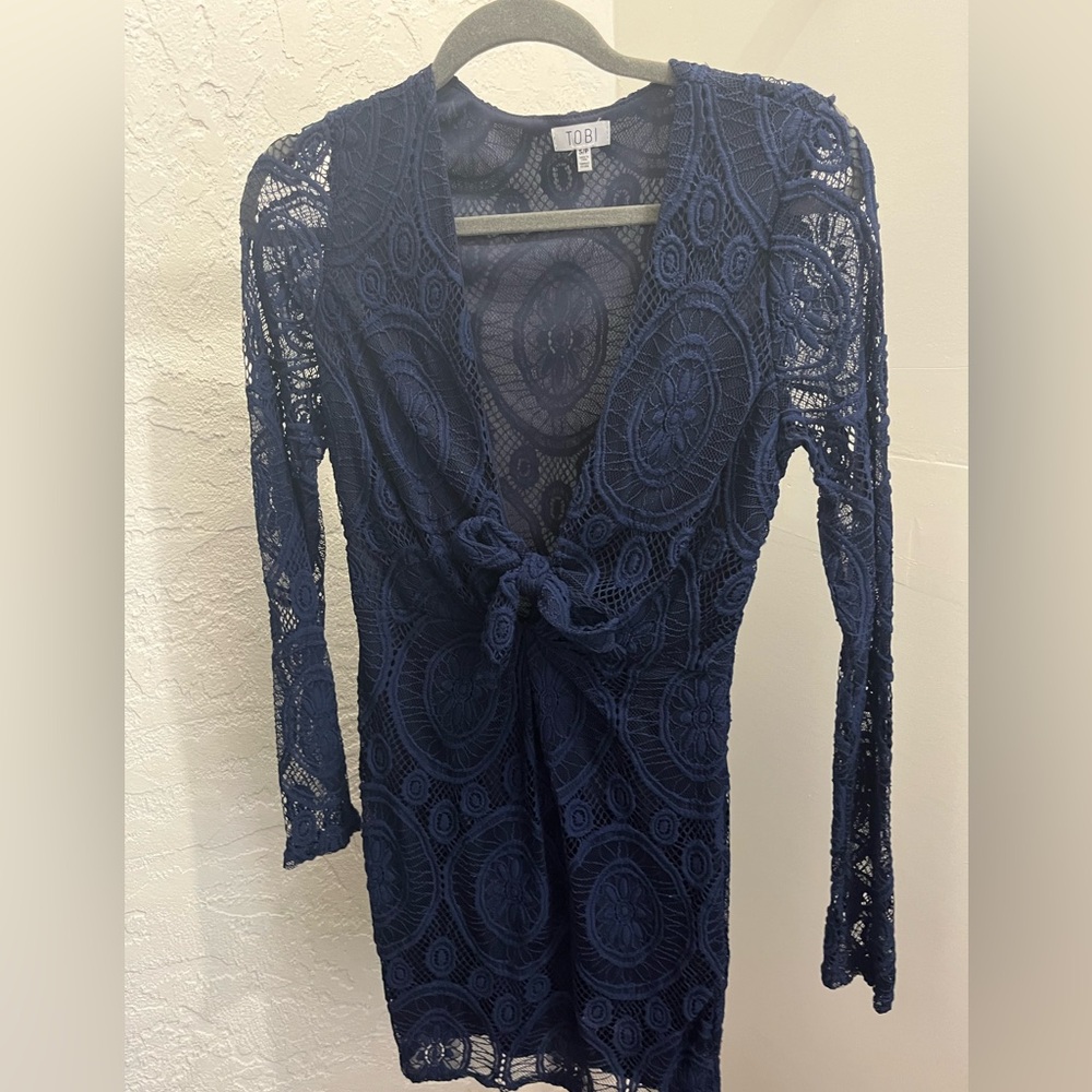 TOBI Navy Blue long sleeve deep v mini dress